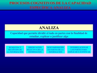 ANALIZA
BUSQUEDA Y
RECEPCION DE
LA INFORMACIÓN
OBSERVACION
SELECTIVA DE LA
INFORMACION
DESCOMPOSICIÓN
EN PARTES DE LA
INFORMACIÓN
INTERRELACIONAR
LAS PARTES PARA
EXPLICAR O JUSTIFICAR
Capacidad que permite dividir el todo en partes con la finalidad de
estudiar, explicar o justificar algo
PROCESOS COGNITIVOS DE LA CAPACIDAD
ESPECÍFICA ANALIZA
 