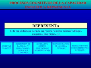 REPRESENTA
Es la capacidad que permite representar objetos mediante dibujos,
esquemas, diagramas, etc
DESCRIPCIÓN DE
LA FORMA Y
UBICACIÓN DEL
TODO Y SUS
ELEMENTOS
OBSERVAR
EL OBJETO.
GENERAR UN
ORDEN O
SECUENCIA DE
REPRESENTACIÓN
REPRESENTACIÓN
DE LA FORMA
EXTERNA
REPRESENTACIÓN
DE LOS ELEMENTOS
INTERNOS.
PROCESOS COGNITIVOS DE LA CAPACIDAD
ESPECÍFICA REPRESENTA
 