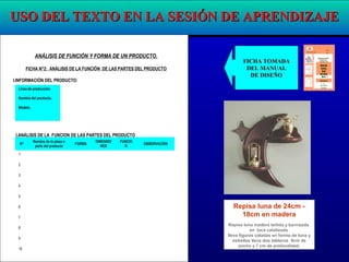 ANÁLISIS DE FUNCIÓN Y FORMA DE UN PRODUCTO.
FICHA N°2: ANÁLISIS DE LA FUNCIÓN DE LAS PARTES DEL PRODUCTO
I.INFORMACIÓN DEL PRODUCTO:
Línea de producción.
Nombre del producto.
Modelo.
I.ANÁLISIS DE LA FUNCION DE LAS PARTES DEL PRODUCTO
N°
Nombre de la pieza o
parte del producto
FORMA
DIMENSIO
NES
FUNCIO
N
OBSERVACIÓN
1
2
3
4
5
6
7
8
9
10
DINESS
T /
UDCRE
ES
M
IN
C
E
T
U
R
A
XI
S
EDUCACIÓN
PARA EL
TRABAJO
Módulo
1
Primer
Grado
MAN
UAL
DE
DISE
ÑO
FICHA TOMADAFICHA TOMADA
DEL MANUALDEL MANUAL
DE DISEÑODE DISEÑO
Repisa luna de 24cm -
18cm en madera
Repisa luna madera teñida y barnizada
en laca catalizada
lleva figuras caladas en forma de luna y
estrellas lleva dos tableros 9cm de
ancho y 7 cm de profundidad.
USO DEL TEXTO EN LA SESIÓN DE APRENDIZAJEUSO DEL TEXTO EN LA SESIÓN DE APRENDIZAJE
 