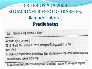 CRITERIOS ADA 2009
SITUACIONES RIESGO DE DIABETES,
llamados ahora,
PrediabetesPrediabetes
 