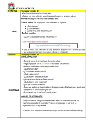 IV. SECIENCIA DIDÁCTICA
MOMENTOS Tiempo aproximado: 20
INICIO
Saludo amablemente a los niños y niñas.
Dialogo con ellos sobre los aprendizajes que lograron en la sesión anterior.
Motivación: Les presento imágenes referido al tema.
Saberes previos: Se les pregunta a los estudiantes lo siguiente:
 ¿Qué observan?
 ¿Qué cultura será?
 ¿Cómo vivían en el Tahuantinsuyo?
Conflicto cognitivo
 ¿Quién fue su descubridor del Tahuantinsuyo?
Comunico el propósito de la sesión:
 Dirijo la mirada a los estudiantes al cartel de normas de convivencia y acuerdo con ellos
que se seleccionaran para ponerlas en práctica en esta sesión
Desarrollo Tiempo aproximado: 60
DESARROLLO
PROBLEMATIZACIÓN :
 Comento acerca de la importancia de nuestra cultura.
 Pego un papelote con un pequeño texto acerca del Tahuantinsuyo.
 Motivo la participación mediantes preguntas como:
 ¿Qué hemos leído?
 ¿Dónde se encuentra ubicado?
 ¿Cuál era su religión?
 ¿Qué utilizaron en su arquitectura?
 ¿A qué se dedicaban en el Tahuantinsuyo?
 ¿Qué utilizaron en la metalurgia?
 ¿Por qué se dividio en 4 suyos?
 Busco que analicen la situación a través de esta pregunta: ¿El tahuantinsuyo aporto algo
al desarrollo de la civilización? ¿Por qué?
 Anoto la participación de los niños en la pizarra.
ANÁLISIS DE INFORMACIÓN:
 Propicio un breve diálogo con los estudiantes acerca de esta cultura que fue una
importante sociedad en la historia del Perú muy conocidos por su arte textil, su
organizacion y por su arquitectura.
 Después de lo mencionado realizamos un mapa conceptual acerca del Tahuantinsuyo.
Hoy aprenderemos sobre el Tahuantinsuyo
 