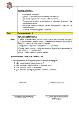 TOMA DE DECISIONES:
 Formula estas interrogantes:
 ¿Por qué es importante conocer la historia del Tahuantinsuyo?
 Observan el mapa del Perú y ubican la cultura mencionada.
 Forman grupos y realizan las exposiciones de cada cultura de acuerdo a sus
posibilidades de lectura.
 Se agrupan para realizar trabajos manuales representando a cada cultura con
diversos materiales.
 El docente monitorea a los grupos y los orienta.
Cierre Tiempo aproximado: 10
CIERRE
REFLEXIÓN METACOGNITIVA:
 Dialogo con los estudiantes acerca de lo realizado en la sesión y pregunto lo siguiente:
¿Que aprendimos hoy? ¿Cómo lo hicimos? ¿Cómo podemos utilizar estos aprendizajes en
nuestra vida diaria? ¿Que debes hacer para mejorar?
 Entrego a cada niño y niña la Ficha de trabajo de los aprendizajes.
 Pido que lean las preguntas y escriban sus respuestas. Brindo el tiempo adecuado a fin de
que reflexionen de manera personal.
 Felicito a mis estudiantes por el trabajo realizado.
IV. REFLEXIONES SOBRE LOS APRENDIZAJES
 El docente de manera reflexiva para mejorar su labor educativa ,se pregunta :
 ¿Qué lograron los estudiantes en esta sesión?
 ¿Qué aprendizajes debemos reforzar en la siguiente sesión?
 ¿Qué dificultades tuvieron los estudiantes?
 ¿Qué actividades, estrategias y materiales funcionaron y cuáles no?
DIRECTORA PROFESOR DE AULA
ESTUDIANTE DE LA PRÁCTICA PRE
PROFESIONAL
PROFESORA DE LA PRÁCTICA
 