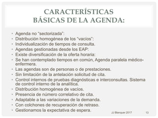 CARACTERÍSTICAS
BÁSICAS DE LA AGENDA:
• Agenda no “sectorizada”:
• Distribución homogénea de los “vacíos”:
• Individualización de tiempos de consulta.
• Agendas gestionadas desde los EAP:
• Existe diversificación de la oferta horaria:
• Se han contemplado tiempos en común, Agenda paralela médico-
enfermera.
• Las agendas son de personas o de prestaciones.
• Sin limitación de la antelación solicitud de cita.
• Control internos de pruebas diagnósticas e interconsultas. Sistema
de control interno de la analítica.
• Distribución homogénea de vacíos.
• Presencia de número correlativo de cita.
• Adaptable a las variaciones de la demanda.
• Con colchones de recuperación de retraso.
• Gestionamos la expectativa de espera. 13JJ Blanquer 2017
 