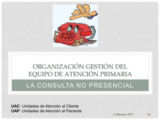 ORGANIZACIÓN GESTIÓN DEL
EQUIPO DE ATENCIÓN PRIMARIA
LA CONSULTA NO PRESENCIAL
JJ Blanquer 2017 43
UAC: Unidades de Atención al Cliente
UAP: Unidades de Atención al Paciente
 