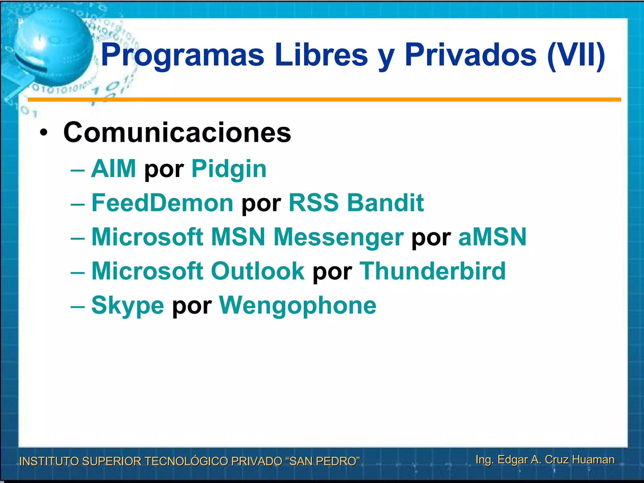 Programas Libres y Privados (VII) Comunicaciones AIM  por  Pidgin   FeedDemon  por  RSS  Bandit   Microsoft MSN Messenger  por  aMSN   Microsoft Outlook  por  Thunderbird   Skype  por  Wengophone   