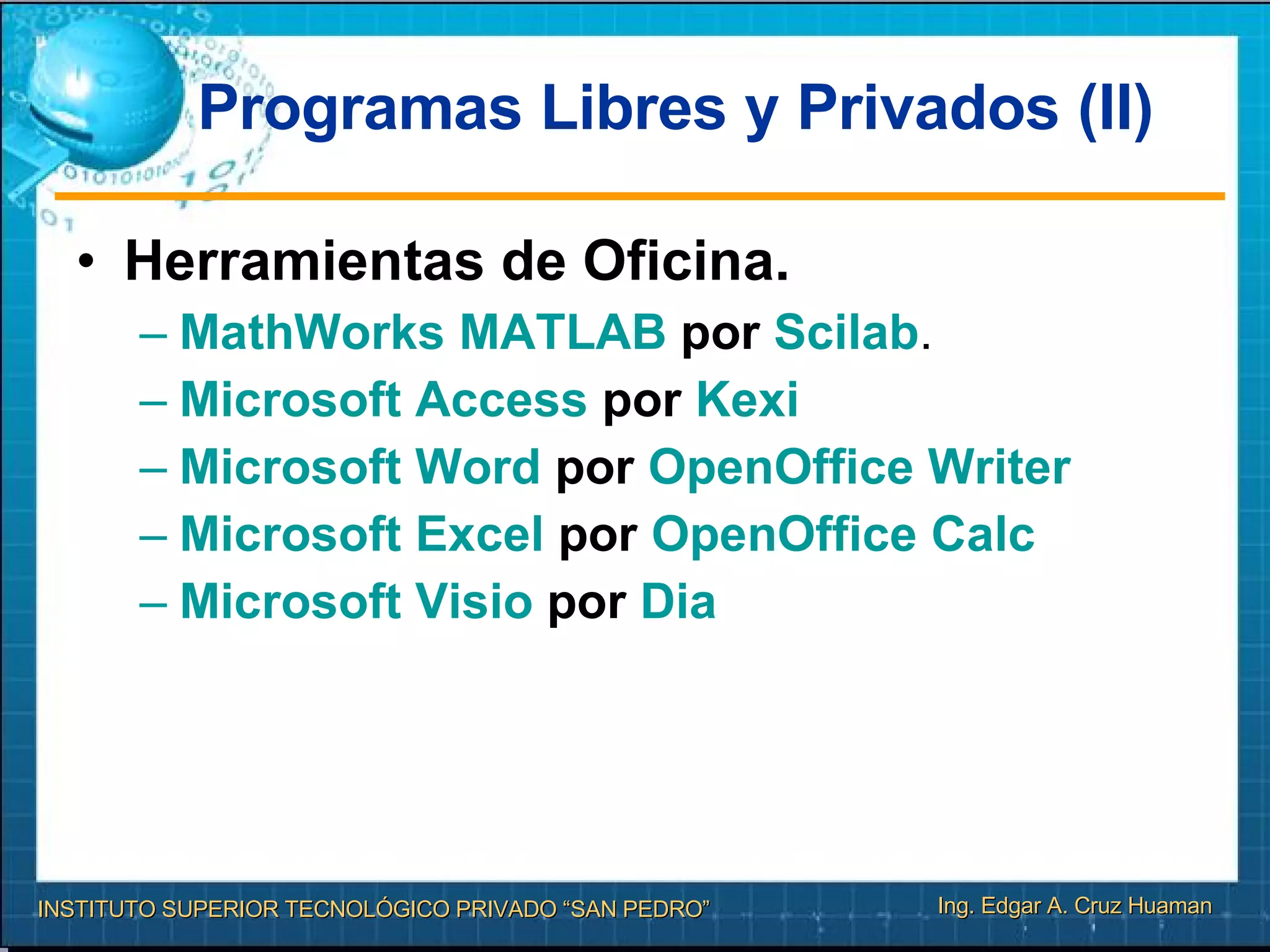 Programas Libres y Privados (II) Herramientas de Oficina. MathWorks  MATLAB  por  Scilab . Microsoft Access  por  Kexi   Microsoft Word  por  OpenOffice   Writer   Microsoft Excel  por  OpenOffice   Calc Microsoft Visio  por  Dia   
