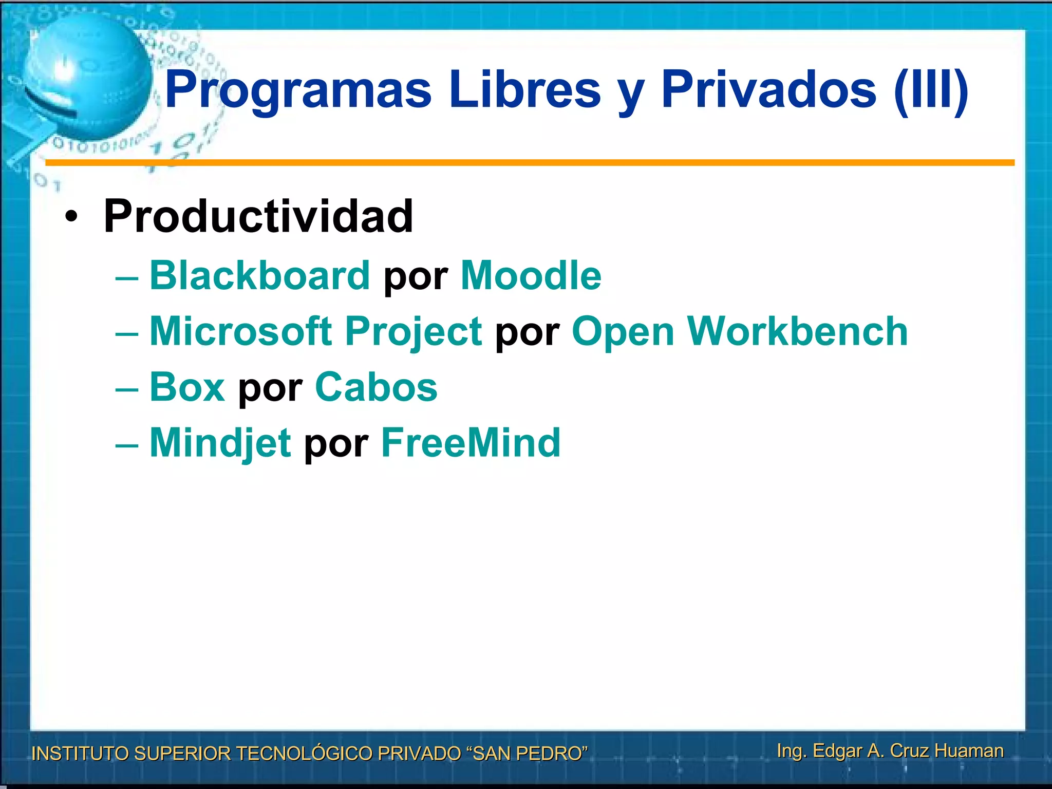 Programas Libres y Privados (III) Productividad Blackboard  por  Moodle   Microsoft Project  por  Open   Workbench   Box  por  Cabos   Mindjet  por  FreeMind   