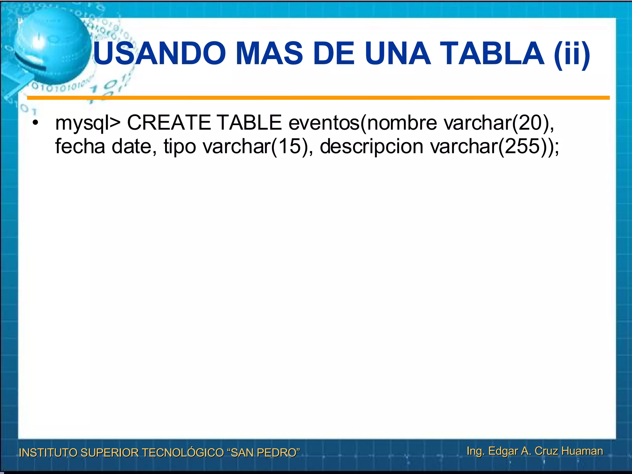 USANDO MAS DE UNA TABLA (ii)‏ mysql> CREATE TABLE eventos(nombre varchar(20), fecha date, tipo varchar(15), descripcion varchar(255)); 