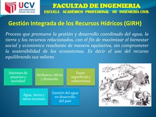 FACULTAD DE INGENIERIA
ESCUELA ACADÉMICO PROFESIONAL DE INGENIERÍA CIVIL
Proceso que promueve la gestión y desarrollo coordinado del agua, la
tierra y los recursos relacionados, con el fin de maximizar el bienestar
social y económico resultante de manera equitativa, sin comprometer
la sostenibilidad de los ecosistemas. Es decir el uso del recurso
equilibrando sus valores
Gestión Integrada de los Recursos Hídricos (GIRH)
Intereses de
usuarios y
sociedad
Atributos; oferta
y demanda
Fases:
superficial y
subterránea
Agua, tierra y
otros recursos
Gestión del agua
en desarrollo
del país
 