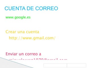 CUENTA DE CORREO www.google.es Crear una cuenta  http://www.gmail.com/   Enviar un correo a  [email_address] 