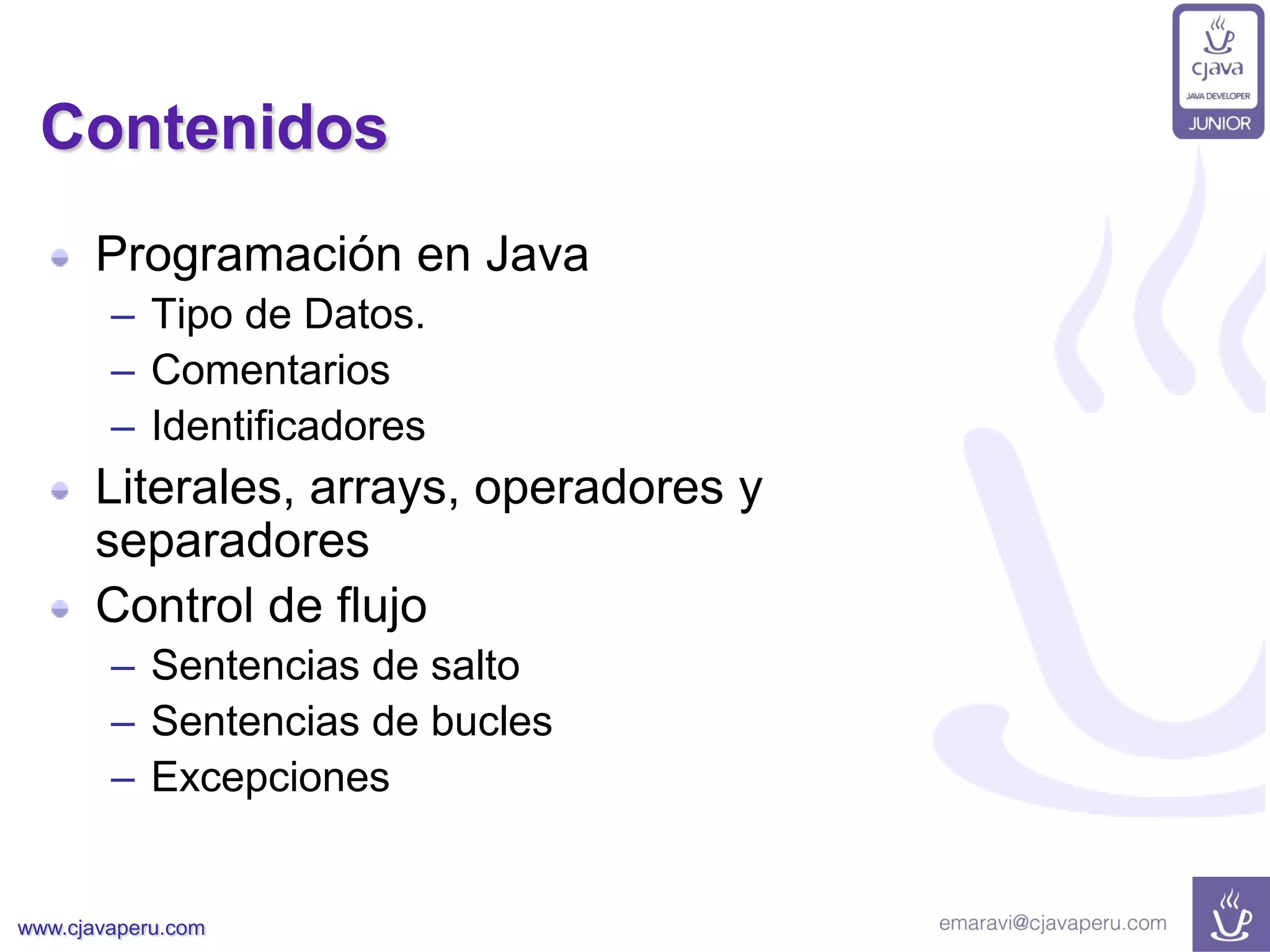 www.cjavaperu.com
Contenidos
Programación en Java
– Tipo de Datos.
– Comentarios
– Identificadores
Literales, arrays, operadores y
separadores
Control de flujo
– Sentencias de salto
– Sentencias de bucles
– Excepciones
 