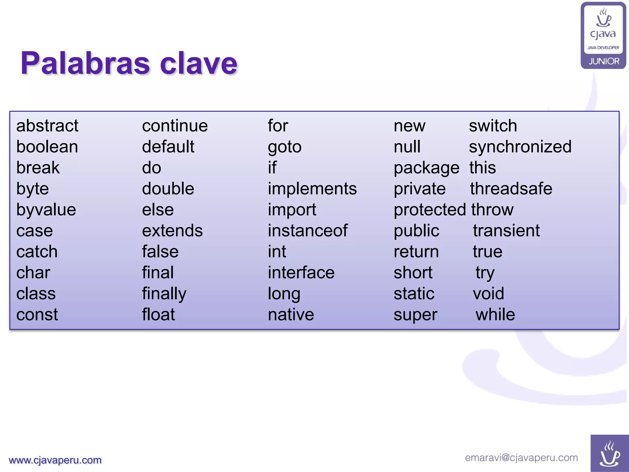 www.cjavaperu.com
Palabras clave
abstract continue for new switch
boolean default goto null synchronized
break do if package this
byte double implements private threadsafe
byvalue else import protected throw
case extends instanceof public transient
catch false int return true
char final interface short try
class finally long static void
const float native super while
 