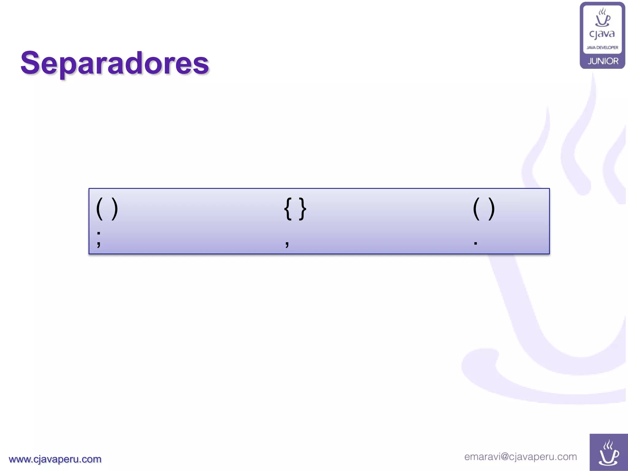 www.cjavaperu.com
Separadores
( ) { } ( )
; , .
 