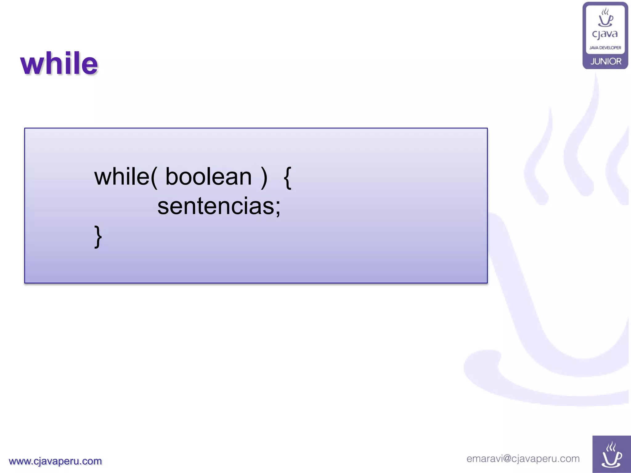 www.cjavaperu.com
while
while( boolean ) {
sentencias;
}
 