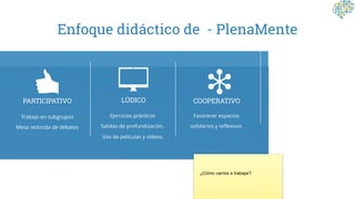 Enfoque didáctico de - PlenaMente
PARTICIPATIVO
Trabajo en subgrupos
Mesa redonda de debates
LÚDICO
Ejercicios prácticos
Salidas de profundización.
Uso de películas y videos.
COOPERATIVO
Favorecer espacios
solidarios y reflexivos
¿Cómo vamos a trabajar?
 