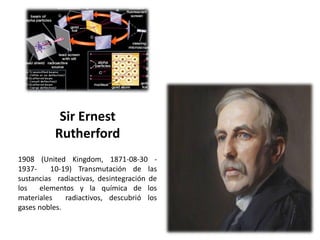 Sir Ernest
Rutherford
1908 (United Kingdom, 1871-08-30 -
1937- 10-19) Transmutación de las
sustancias radiactivas, desintegración de
los elementos y la química de los
materiales radiactivos, descubrió los
gases nobles.
 
