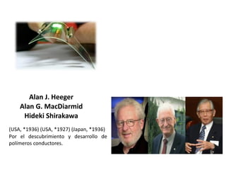 Alan J. Heeger
Alan G. MacDiarmid
Hideki Shirakawa
(USA, *1936) (USA, *1927) (Japan, *1936)
Por el descubrimiento y desarrollo de
polímeros conductores.
 