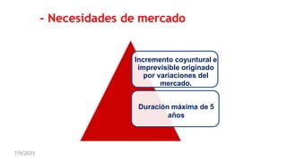 - Necesidades de mercado
Incremento coyuntural e
imprevisible originado
por variaciones del
mercado.
Duración máxima de 5
años
7/9/2023
 