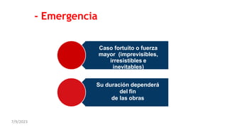 - Emergencia
Caso fortuito o fuerza
mayor (imprevisibles,
irresistibles e
inevitables)
Su duración dependerá
del fin
de las obras
7/9/2023
 