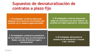 Supuestos de desnaturalización de
contratos a plazo fijo
1. El trabajador continúa laborando
después de la fecha de vencimiento del
contrato y/o el máximo legal permitido
2. El trabajador continúa laborando
luego de concluida una obra materia de
contrato sin haber operado la renovación
3. El trabajador continúa la prestación
de sus labores sin que se reincorpore el
titular, vencido el término legal o
convencional.
4. El trabajador demuestra la
existencia de simulación o fraude
a las normas.
7/9/2023
 