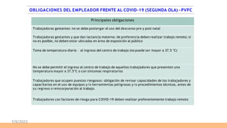 OBLIGACIONES DEL EMPLEADOR FRENTE AL COVID-19 (SEGUNDA OLA) -PVPC
Principales obligaciones
Trabajadoras gestantes: no se debe postergar el uso del descanso pre y post natal
Trabajadoras gestantes y que dan lactancia materna: de preferencia deben realizar trabajo remoto; si
no es posible, no deben estar ubicadas en área de exposición al público
Toma de temperatura diaria – al ingreso del centro de trabajo (no puede ser mayor a 37.5 °C)
No se debe permitir el ingreso al centro de trabajo de aquellos trabajadores que presenten una
temperatura mayor a 37.5°C o con síntomas respiratorios
Trabajadores que ocupen puestos riesgosos: obligación de revisar capacidades de los trabajadores y
capacitarlos en el uso de equipos y/o herramientas peligrosas y/o procedimientos técnicos, antes de
su regreso o reincorporación al trabajo.
Trabajadores con factores de riesgo para COVID-19 deben realizar preferentemente trabajo remoto
7/9/2023
 