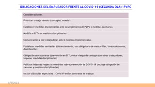 Consideraciones
Priorizar trabajo remoto (contagios, muerte)
Establecer medidas disciplinarias ante incumplimiento de PVPC o medidas sanitarias
Modificar RIT con medidas disciplinarias
Comunicación a los trabajadores sobre medidas implementadas
Fortalecer medidas sanitarias (distanciamiento, uso obligatorio de mascarillas, lavado de manos,
desinfección)
Obligación de vacunarse (prevención en SST, evitar riesgo de contagio con otros trabajadores,
imponer medidas disciplinarias)
Políticas internas respecto a medidas sobre prevención de COVID-19 (incluye obligación de
vacunas y medidas disciplinarias)
Incluir cláusulas especiales – Covid 19 en los contratos de trabajo
OBLIGACIONES DEL EMPLEADOR FRENTE AL COVID-19 (SEGUNDA OLA) -PVPC
7/9/2023
 
