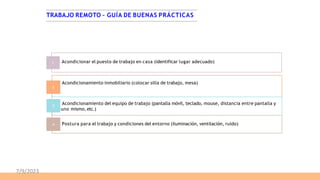 TRABAJO REMOTO – GUÍA DE BUENAS PRÁCTICAS
1 Acondicionar el puesto de trabajo en casa (identificar lugar adecuado)
Acondicionamiento inmobiliario (colocar silla de trabajo, mesa)
2
3
Acondicionamiento del equipo de trabajo (pantalla móvil, teclado, mouse, distancia entre pantalla y
uno mismo, etc.)
4 Postura para el trabajo y condiciones del entorno (iluminación, ventilación, ruido)
7/9/2023
 