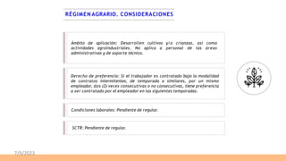 RÉGIMEN AGRARIO. CONSIDERACIONES
Ámbito de aplicación: Desarrollen cultivos y/o crianzas, así como
actividades agroindustriales. No aplica a personal de las áreas
administrativas y de soporte técnico.
Derecho de preferencia: Si el trabajador es contratado bajo la modalidad
de contratos intermitentes, de temporada o similares, por un mismo
empleador, dos (2) veces consecutivas o no consecutivas, tiene preferencia
a ser contratado por el empleador en las siguientes temporadas.
Condiciones laborales: Pendiente de regular.
SCTR: Pendiente de regular.
7/9/2023
 