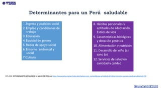 1. Ingreso y posición social
2. Empleo y condiciones de
trabajo
3. Educación
4. Equidad de género
5. Redes de apoyo social
6. Entorno ambiental y
social
7.Cultura
8. Hábitos personales y
aptitudes de adaptación.
Estilos de vida
9. Características biológicas
y dotación genética
10. Alimentación y nutrición
11. Desarrollo del niño (a)
sano (a)
12. Servicios de salud en
cantidad y calidad
Determinantes para un Perú saludable
OPS,2006 DETERMINANTES SOCIALES DE LA SALUD EN PERÚ, en https://www.paho.org/per/index.php?option=com_content&view=article&id=623:determinantes-sociales-salud-peru&Itemid=719
 