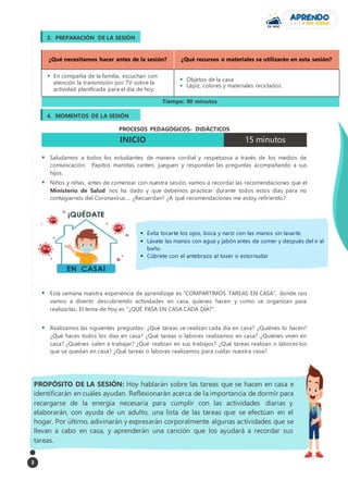 3
¿Qué necesitamos hacer antes de la sesión? ¿Qué recursos o materiales se utilizarán en esta sesión?
 En compañía de la familia, escuchan con
atención la transmisión por TV sobre la
actividad planificada para el día de hoy.
 Objetos de la casa
 Lápiz, colores y materiales reciclados.
Tiempo: 90 minutos
PROCESOS PEDAGÓGICOS- DIDÁCTICOS
INICIO 15 minutos
 Saludamos a todos los estudiantes de manera cordial y respetuosa a través de los medios de
comunicación. Papitos mamitas canten, jueguen y respondan las preguntas acompañando a sus
hijos.
 Niños y niñas, antes de comenzar con nuestra sesión, vamos a recordar las recomendaciones que el
Ministerio de Salud nos ha dado y que debemos practicar durante todos estos días para no
contagiarnos del Coronavirus…. ¿Recuerdan? ¿A qué recomendaciones me estoy refiriendo?
 Esta semana nuestra experiencia de aprendizaje es “COMPARTIMOS TAREAS EN CASA”, donde nos
vamos a divertir descubriendo actividades en casa, quienes hacen y como se organizan para
realizarlas. El tema de hoy es “¿QUÉ PASA EN CASA CADA DÍA?”.
 Realizamos las siguientes preguntas: ¿Qué tareas se realizan cada día en casa? ¿Quiénes lo hacen?
¿Qué haces todos los días en casa? ¿Qué tareas o labores realizamos en casa? ¿Quiénes viven en
casa? ¿Quiénes salen a trabajar? ¿Qué realizan en sus trabajos? ¿Qué tareas realizan o labores los
que se quedan en casa? ¿Qué tareas o labores realizamos para cuidar nuestra casa?
3. PREPARACIÓN DE LA SESIÓN
PROPÓSITO DE LA SESIÓN: Hoy hablarán sobre las tareas que se hacen en casa e
identificarán en cuáles ayudan. Reflexionarán acerca de la importancia de dormir para
recargarse de la energía necesaria para cumplir con las actividades diarias y
elaborarán, con ayuda de un adulto, una lista de las tareas que se efectúan en el
hogar. Por último, adivinarán y expresarán corporalmente algunas actividades que se
llevan a cabo en casa, y aprenderán una canción que los ayudará a recordar sus
tareas.
4. MOMENTOS DE LA SESIÓN
 Evita tocarte los ojos, boca y nariz con las manos sin lavarte.
 Lávate las manos con agua y jabón antes de comer y después del ir al
baño.
 Cúbrete con el antebrazo al toser o estornudar
 