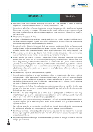 4
DESARROLLO 35 minutos
 Dialogamos que descubriremos actividades cotidianas en casa ¿Quiénes lo hacen y como se
organizan?, así mismo haremos una lista de tareas para ordenar la casa.
 Comentamos a la niña o niño que durante esta semana dialogaremos sobre las diferentes tareas y
labores que comparten en casa para el bienestar común, para lo cual tendrán un reto que resolver y
para hacerlo deben observar a las personas que están en casa, apuntando, dibujando en beneficio
del bien común
 Observamos el video de TV Perú.
 Busquen o elaboren lo que necesiten para ser investigadores, cuando tengan todo lo necesario
inicien el reto recorran juntos o juntas toda la casa tomando nota de las acciones que observan que
realiza cada integrante de la familia en beneficio de todos.
 Durante el registro dibujen y tomen nota de lo que observan sugiriéndole al niño o niña que ponga
mucha atención en las responsabilidades de la casa como ver quien tiende la cama, cocina, lava la
ropa, los platos o quien ordena los juguetes, barrer, vota la basura entre otros quehaceres de la casa.
 Menciónales a tu niño o niña que durante el día habrá momentos en que no podrás acompañarla y
que es importante que este atenta a lo que necesita apuntar como investigador.
 Luego cuéntales que haces tú y como día a día hacemos distintas actividades para que el lugar donde
habitan, este más bonito con las cosas ordenada más limpio, para tener comida nutritiva entre otras
cosas. Preguntamos ¿Qué haz notado que hacemos en casa todos los días? ¿Quién hace estas tareas?
¿Quiénes viven en casa? ¿Quiénes lo hacen? ¿Qué haces todos los días en casa? ¿Qué tareas o labores
realizamos en casa? ¿Quiénes viven en casa? ¿Quiénes salen a trabajar? ¿Qué realizan en tus trabajos?
¿Qué tareas realizan o labores los que se quedan en casa? ¿Qué tareas o labores realizamos para
cuidar nuestra casa?
 Escuchamos sus repuestas y anotamos en un papelote
 Proponle elaborar otra lista de tareas o labores que realizan en casa pregunta ¿Qué tareas o labores
realizamos para cuidar nuestra casa? ¿Quiénes realizamos esas tares o labores?, le damos algunos
detalles las tareas y labores que se realizan en casa por ejemplo que se hace antes y después de
servir el desayuno, de lavar la ropa, de cocinar etc. De esta manera tendrá información más detallada
de cómo se llevan a cabo algunas actividades
 Léele pausadamente la lista elaborada después proponle desarrollar una asamblea familiar, para
compartir las ideas que anotaron para dicha asamblea pídele que invite a los demás integrantes de
la familia que viven en casa
 Comenta a los otros integrantes de la familia que su participación y colaboración será muy
importante para que las tares o labores se cumplen, solicitamos que lean la lista y que cada integrante
elija en que podría colaborar de acuerdo a sus posibilidades.
 Preguntamos ¿Qué responsabilidad te gustaría asumir? Escúchala y proponle encerrar en un círculo
aquellas o aquello que te mencione guarda la lista en un portafolio físico ya que lo usaran en la
siguiente actividad.
 Para culminar acuerden un compromiso como familia por ejemplo Nosotros la familia (mencionamos
los apellidos de la familia) nos comprometemos a cumplir nuestras responsabilidades.
 Las niñas y los niños a esta edad pueden organizar sus juguetes tirar los desperdicios al saco de
basura, regar las plantas, darle de comer a las mascotas, llevar su ropa a su cuarto, separar la ropa
entre otras actividades.
 Representan por medio de dibujos las diferentes tareas que hacen en el hogar y contaran sobre los
dibujos que realizaron.
 