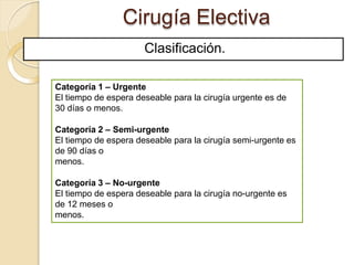 Cirugía Electiva
Clasificación.
Categoría 1 – Urgente
El tiempo de espera deseable para la cirugía urgente es de
30 días o menos.
Categoría 2 – Semi-urgente
El tiempo de espera deseable para la cirugía semi-urgente es
de 90 días o
menos.
Categoría 3 – No-urgente
El tiempo de espera deseable para la cirugía no-urgente es
de 12 meses o
menos.
 
