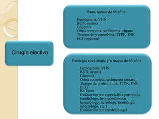 Cirugía electiva
Sano, menor de 65 años:
Hemograma, VHS
BUN, uremia
Glicemia
Orina completa, sedimento urinario
Tiempo de protrombina, TTPK, INR
ECG opcional
Patología coexistente y/o mayor de 65 años
Hemograma, VHS
BUN, uremia
Glicemia
Orina completa, sedimento urinario
Tiempo de protrombina, TTPK, INR
ECG
Rx Torax
Evaluación por especialista pertinente
(cardiólogo, broncopulmonar,
hematólogo, nefrólogo, neurólogo,
infectólogo, etc.)
Evaluación por anestesiólogo
 