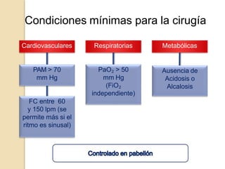 Cardiovasculares Respiratorias Metabólicas
PAM > 70
mm Hg
FC entre 60
y 150 lpm (se
permite más si el
ritmo es sinusal)
PaO₂ > 50
mm Hg
(FiO₂
independiente)
Ausencia de
Acidosis o
Alcalosis
Condiciones mínimas para la cirugía
 