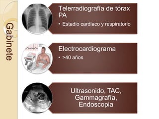Gabinete Telerradiografía de tórax
PA
• Estadio cardiaco y respiratorio
Electrocardiograma
• >40 años
Ultrasonido, TAC,
Gammagrafía,
Endoscopia
 