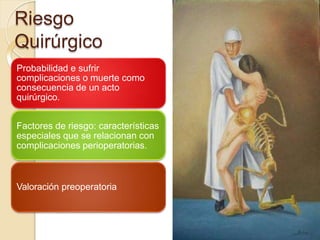 Riesgo
Quirúrgico
Probabilidad e sufrir
complicaciones o muerte como
consecuencia de un acto
quirúrgico.
Factores de riesgo: características
especiales que se relacionan con
complicaciones perioperatorias.
Valoración preoperatoria
 
