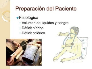 Preparación del Paciente
⚫Fisiológica
◦ Volumen de líquidos y sangre
◦ Déficit hídrico
◦ Déficit calórico
 