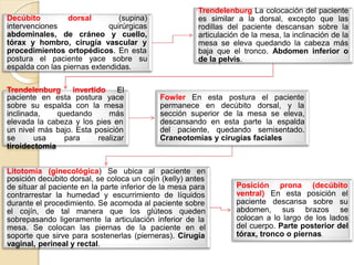 Decúbito dorsal (supina)
intervenciones quirúrgicas
abdominales, de cráneo y cuello,
tórax y hombro, cirugía vascular y
procedimientos ortopédicos. En esta
postura el paciente yace sobre su
Trendelenburg La colocación del paciente
es similar a la dorsal, excepto que las
rodillas del paciente descansan sobre la
articulación de la mesa, la inclinación de la
mesa se eleva quedando la cabeza más
baja que el tronco. Abdomen inferior o
de la pelvis.
espalda con las piernas extendidas.
Trendelenburg invertido El
paciente en esta postura yace
sobre su espalda con la mesa
inclinada, quedando más
elevada la cabeza y los pies en
un nivel más bajo. Esta posición
se usa para realizar
Fowler En esta postura el paciente
permanece en decúbito dorsal, y la
sección superior de la mesa se eleva,
descansando en esta parte la espalda
del paciente, quedando semisentado.
Craneotomías y cirugías faciales
tiroidectomía
Litotomía (ginecológica) Se ubica al paciente en
posición decúbito dorsal, se coloca un cojín (kelly) antes
de situar al paciente en la parte inferior de la mesa para
contrarrestar la humedad y escurrimiento de líquidos
durante el procedimiento. Se acomoda al paciente sobre
el cojín, de tal manera que los glúteos queden
sobrepasando ligeramente la articulación inferior de la
mesa. Se colocan las piernas de la paciente en el
soporte que sirve para sostenerlas (pierneras). Cirugía
vaginal, perineal y rectal.
Posición prona (decúbito
ventral) En esta posición el
paciente descansa sobre su
abdomen, sus brazos se
colocan a lo largo de los lados
del cuerpo. Parte posterior del
tórax, tronco o piernas.
 
