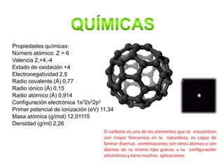 Propiedades químicas:
Número atómico: Z = 6
Valencia 2,+4,-4
Estado de oxidación +4
Electronegatividad 2,5
Radio covalente (Å) 0,77
Radio iónico (Å) 0,15
Radio atómico (Å) 0,914
Configuración electrónica 1s22s22p2
Primer potencial de ionización (eV) 11,34
Masa atómica (g/mol) 12,01115
Densidad (g/ml) 2,26
El carbono es uno de los elementos que se encuentran
con mayor frecuencia en la naturaleza, es capaz de
formar diversas combinaciones con otros átomos y con
átomos de su mismo tipo gracias a su configuración
electrónica y tiene muchas aplicaciones.
 