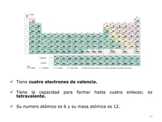  Tiene cuatro electrones de valencia.
 Tiene la capacidad para formar hasta cuatro enlaces; es
tetravalente.
 Su numero atómico es 6 y su masa atómica es 12.
13
 