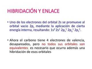HIBRIDACIÓN Y ENLACE
• Uno de los electrones del orbital 2s se promueve al
orbital vacio 2pz mediante la aplicación de cierta
energía interna, resultando: 1s2 2s1 2px
1 2py
1 2pz
1.
• Ahora el carbono tiene 4 electrones de valencia,
desapareados, pero no todos sus orbitales son
equivalentes; es necesario que ocurra además una
hibridación de esos orbitales
 