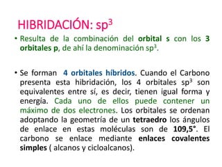 HIBRIDACIÓN: sp3
• Resulta de la combinación del orbital s con los 3
orbitales p, de ahí la denominación sp3.
• Se forman 4 orbitales híbridos. Cuando el Carbono
presenta esta hibridación, los 4 orbitales sp3 son
equivalentes entre sí, es decir, tienen igual forma y
energía. Cada uno de ellos puede contener un
máximo de dos electrones. Los orbitales se ordenan
adoptando la geometría de un tetraedro los ángulos
de enlace en estas moléculas son de 109,5°. El
carbono se enlace mediante enlaces covalentes
simples ( alcanos y cicloalcanos).
 