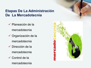  Planeación de la
mercadotecnia
 Organización de la
mercadotecnia
 Dirección de la
mercadotecnia
 Control de la
mercadotecnia
Etapas De La Administración
De La Mercadotecnia
 