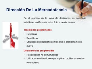 En el proceso de la toma de decisiones es necesario
establecer la diferencia entre 2 tipos de decisiones
Decisiones programadas
• Rutinarias
• Repetitivas
• Utilizadas en situaciones en las que el problema no es
nuevo
Decisiones no programadas
• Resoluciones no estructuradas
• Utilizadas en situaciones que implican problemas nuevos
y complejos.
Dirección De La Mercadotecnia
 