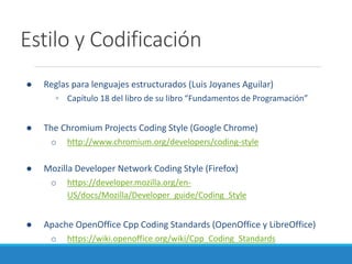 Estilo y Codificación
● Reglas para lenguajes estructurados (Luis Joyanes Aguilar)
◦ Capítulo 18 del libro de su libro “Fundamentos de Programación”
● The Chromium Projects Coding Style (Google Chrome)
o http://www.chromium.org/developers/coding-style
● Mozilla Developer Network Coding Style (Firefox)
o https://developer.mozilla.org/en-
US/docs/Mozilla/Developer_guide/Coding_Style
● Apache OpenOffice Cpp Coding Standards (OpenOffice y LibreOffice)
o https://wiki.openoffice.org/wiki/Cpp_Coding_Standards
 