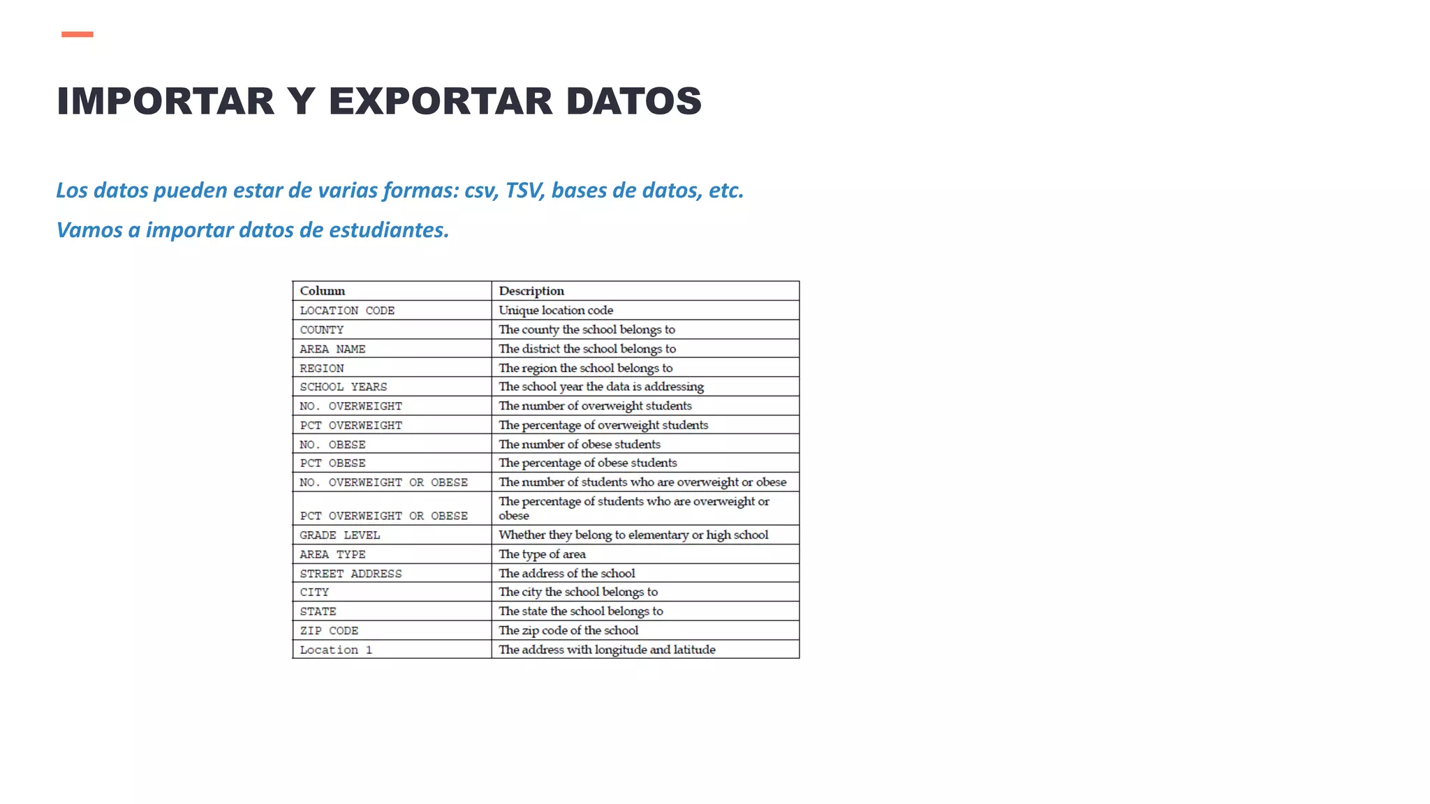 Los datos pueden estar de varias formas: csv, TSV, bases de datos, etc.
Vamos a importar datos de estudiantes.
IMPORTAR Y EXPORTAR DATOS
 