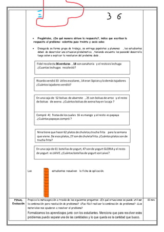  Pregúntales, ¿De qué manera obtuve la respuesta?, indica que escriban la
respuesta al problema: valentina puso treinta y sesis soles
 Enseguida se forma grupa de trabajo, se entrega papelotes y plumones , los estudiantes
deben de desarrolar una situasion probelmatica , teniendo encuenta los pasosdel desarrollo
luego salen a explicar la resolusion del probelma dado .
Los estudiantes resuelven la ficha de aplicación.
FINAL
Evaluación
Propicio la metacognición a través de las siguientes preguntas: ¿En qué situaciones se puede utilizar
la combinación para resolución de problemas? ¿Fue fácil realizar la combinación de problemas? ¿Los
materiales nos ayudaron a resolver el problema?
Formalizamos los aprendizajes junto con los estudiantes. Menciona que para resolver estos
problemas puedo separar una de las cantidades y lo que queda es la cantidad que busco.
10 min.
Fidel recolecta36verduras , 18 sonzanahoria y el restoes lechuga
.¿Cuantaslechugas recolectó?
Ricardovendió33 útilesescolares, 14 eran lápicesylodemástajadores
¿Cuántostajadoresvendió?
En una caja de 52 bolsas de abarrote , 25 son bolsasde arroz y el resto
de bolsas de avena. ¿Cuántosbolsasde avenahayen lacaja ?
Compré 41 frutasde loscuales 16 esmango y el resto espapaya
.¿Cuántaspapayascompró ?
Ninatiene que hacer62 platosde chuletaytrucha frita para lasemana
que viene.De esosplatos,27 sonde chuletafrita.¿Cuántosplatossonde
trucha frita?
En una caja de 61 botellasde yogurt, 47 sonde yogurt GLORIA y el resto
de yogurt esLAIVE.¿Cuántasbotellasde yogurt sonLaive?
 