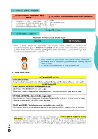 3
¿Qué necesitamos hacer antes de la
sesión?
¿Qué recursos o materiales se utilizarán en esta sesión?
 Observan con atención los
materiales proporcionados por el
docente sobre la actividad
planificada para el día de hoy.
 Video
 Lámina de seres vivos
 Crayones
 Hojas
Tiempo: 90 m inutos
PROCESOS PEDAGÓGICOS- DIDÁCTICOS
INICIO 15 minutos
 Niños y niñas, antes de comenzar con nuestra sesión, vamos a recordar las
recomendaciones que el Ministerio de Salud nos ha dado y que debemos practicar
durante todos estos días para no contagiarnos del Coronavirus…. ¿Recuerdan? ¿A qué
recomendaciones me estoy refiriendo?
ACTIVIDADES DE RUTINA:
ACTIVIDADES DE RUTINA
Rutina de la mañana:
De ingreso, la oración, asistencia, el tiempo, el calendario ,acuerdos ,aseo, refrigerio , recreo, etc.
JUEGO SIMBOLICO
PRIMER MOMENTO / Planificación y Organización:
-Los niños y niñas deciden en qué sector jugar.
-Se agrupan en pares organizan sus juegos y deciden a que jugar con quien jugar y como jugar.
SEGUNDO MOMENTO / Desarrollo del Juego orden:
-Los niños juegan libremente de acuerdo a lo que han pensado, se observa sin interrumpir el juego.
- Guardan y ordenan los materiales en los sectores.
TERCER MOMENTO / Socialización, representación, meta cognición:
-Sentados en semicírculo verbalizan y cuentan lo que jugaron, quiénes jugaron, cómo se sintieron.
 Esta semana nuestra experiencia de aprendizaje es “PROTEGIENDO NUESTRO MEDIO
AMBIENTE”, En este proceso, considerarán el reúso y la transformación de algunos
materiales como acciones que contribuyen a preservar el medio ambiente. Asimismo,
buscarán información en diversas fuentes; luego, la compararán, agruparán, registrarán y
3. PREPARACIÓN DE LA SESIÓN

4. MOMENTOS DE LA SESIÓN

 Evita tocarte los ojos, boca y nariz con las manos sin lavarte.
 Lávate las manos con agua y jabón antes de comer y después
del ir al baño.
 Cúbrete con el antebrazo al toser o estornudar
 