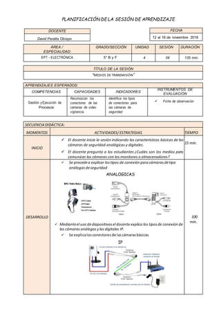 PLANIFICACIÓN DE LA SESIÓN DE APRENDIZAJE
ÁREA /
ESPECIALIDAD
GRADO/SECCIÓN UNIDAD SESIÓN DURACIÓN
EPT - ELECTRÓNICA 5° B y F 4 04 135 min.
TÍTULO DE LA SESIÓN
“MEDIOS DE TRANSMISIÓN”
APRENDIZAJES ESPERADOS:
COMPETENCIAS CAPACIDADES INDICADORES
INSTRUMENTOS DE
EVALUACIÓN
Gestión yEjecución de
Procesos
Reconozcan los
conectores de las
cámaras de video
vigilancia.
Identifica los tipos
de conectores para
las cámaras de
seguridad
 Ficha de observación
SECUENCIA DIDÁCTICA:
MOMENTOS ACTIVIDADES/ESTRATEGIAS TIEMPO
INICIO
 El docente inicia la sesión indicando las características básicas de las
cámaras de seguridad analógicas y digitales.
 El docente pregunta a los estudiantes ¿Cuáles son los medios para
comunicar las cámaras con los monitores o almacenadores?
15 min.
DESARROLLO
 Se procedea explicar lostipos de conexión para cámarasdetipo
análogas deseguridad
 Medianteel uso dediapositivasel docente explica los tiposde conexión de
las cámaras análogas y lasdigitales IP.
 Se explicalos conectores de lascámarasbásicas
100
min.
FECHA
12 al 16 de noviembre 2018
DOCENTE
David Peralta Obispo
ANALOGICAS
IP
 