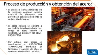 Proceso de producción y obtención del acero:
• El acero se fabrica partiendo de
la fundición, contiene excesiva
cantidad de elementos que
perjudican considerablemente la
resistencia del acero.
• El acero líquido se elabora a
partir del mineral o de chatarras .
Luego el acero líquido se
solidifica. Se obtienen los SEMI-
PRODUCTOS.
• Por último, esas piezas se
transforman en PRODUCTOS
TERMINADOS mediante el
laminado, y algunos de ellos se
someten a tratamiento térmico.
 